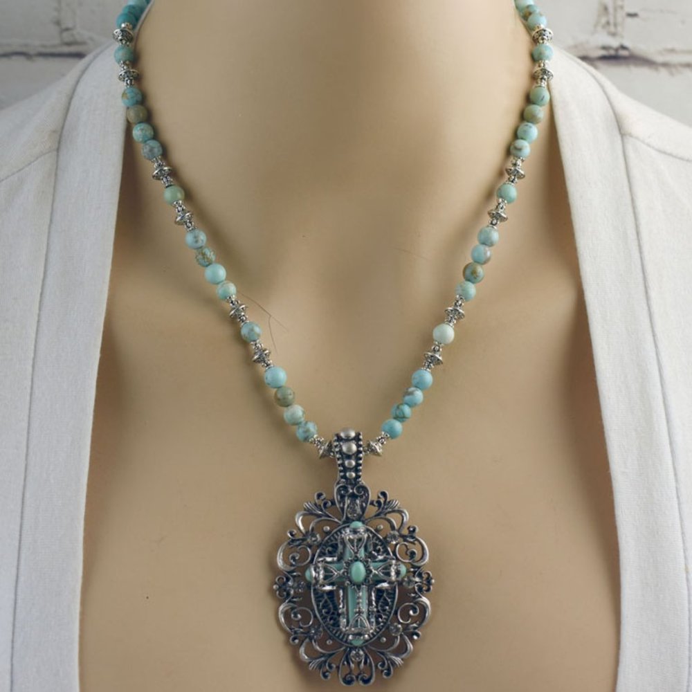 Turquoise Ornate Design Cross Necklace